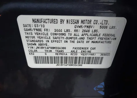 2011 Infiniti M37 z USA, uszkodzony, nr VIN JN1BY1AP9BM324386